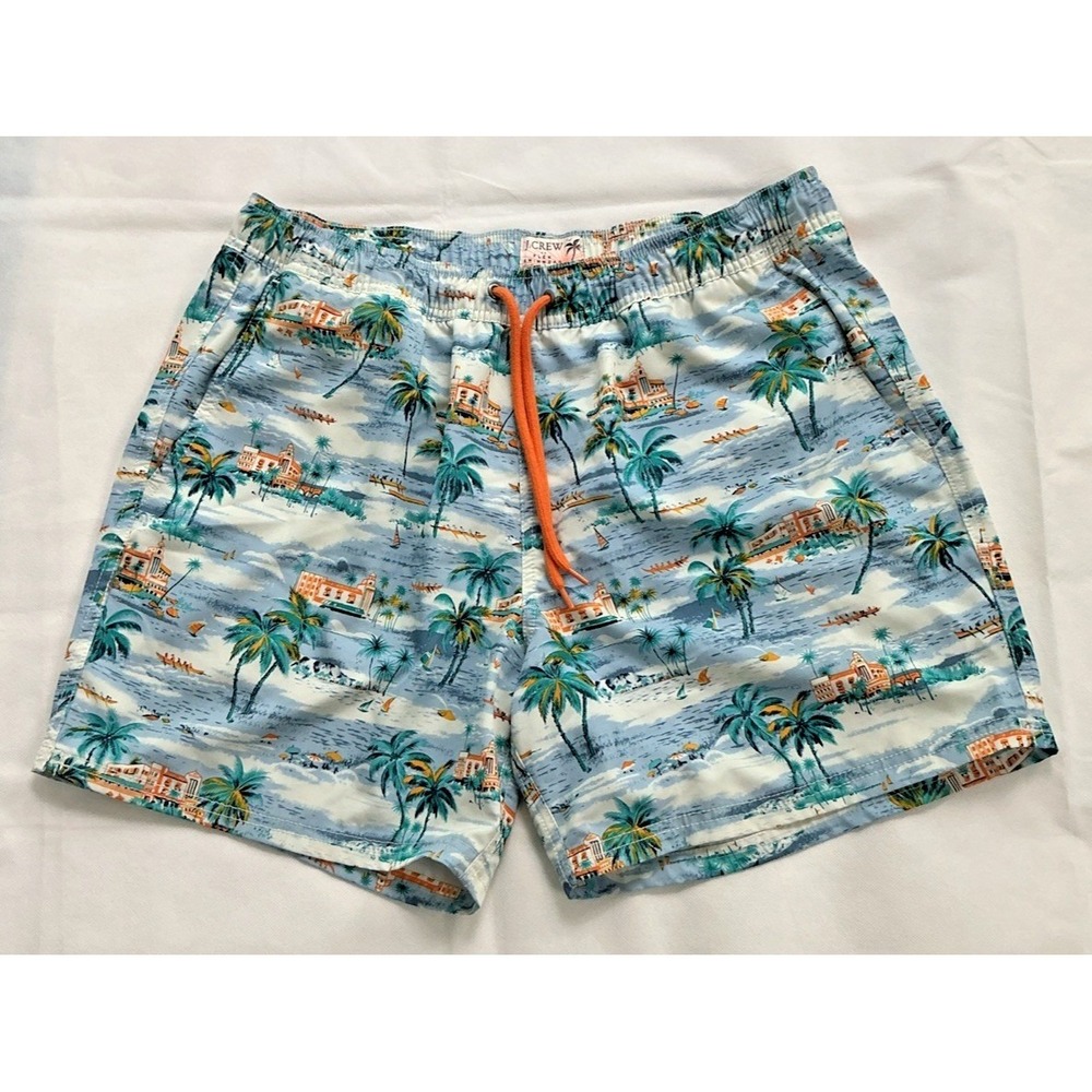J Crew Swim Trunks Shorts Mens Large Palm Trees Beach Resort Blue Orange 5.5"